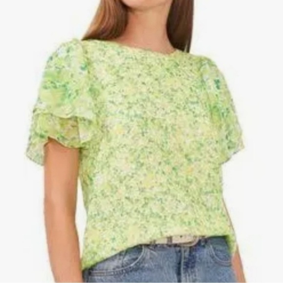 VINCE CAMUTO Woman Blooming Brights Emerald floral ruffle sleeve blouse NWT M - Picture 1 of 14